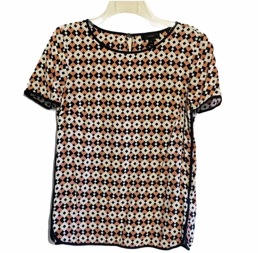 J. Crew Navy and Blush Geometric Pattern Silk Blouse Size 2
